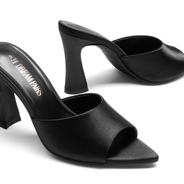 Pointed Toe Flared Heel Sandals - BLACK - 3